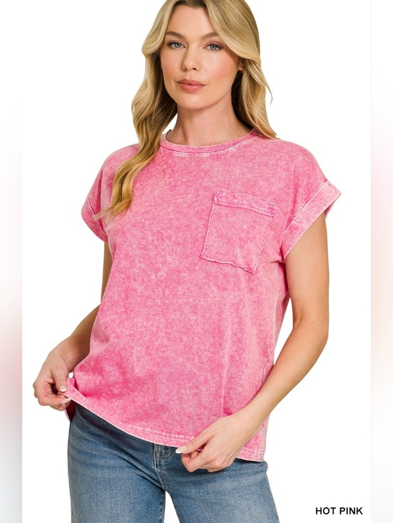 Zenana Outfitters Tops - Zenana Halo Snow Washed Cuffed Short Sleeve Tee
